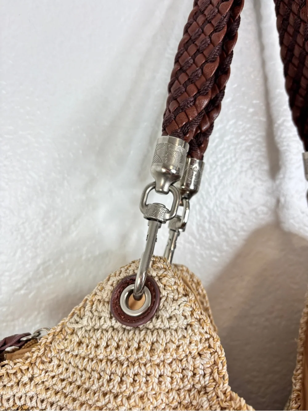 THE SAK Striped Crochet Leather Strap Hobo Purse Shoulder Bag Brown Cream